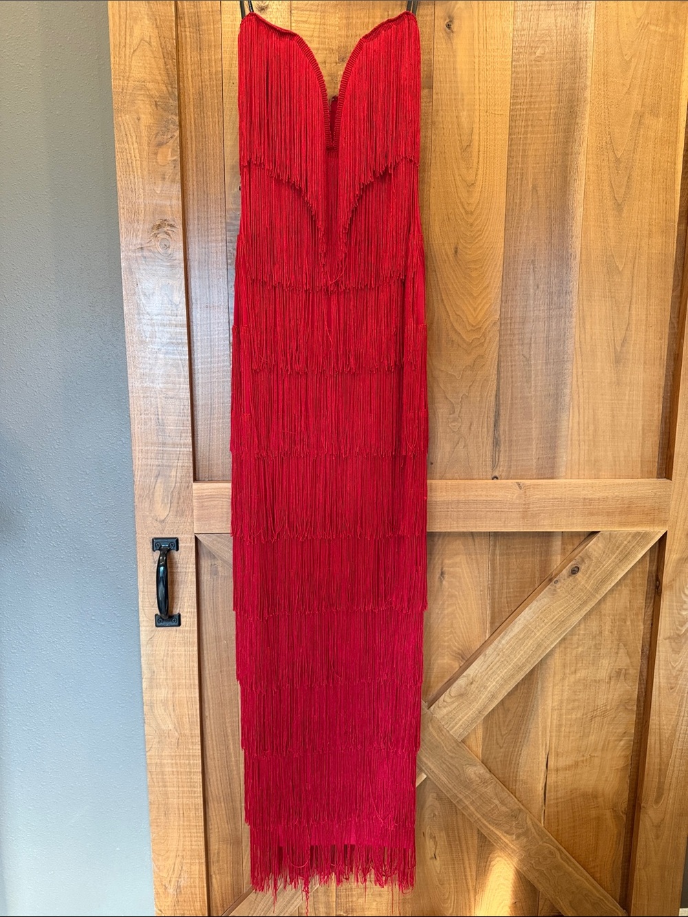 Symphony Red Fringe Strapless Maxi Dress